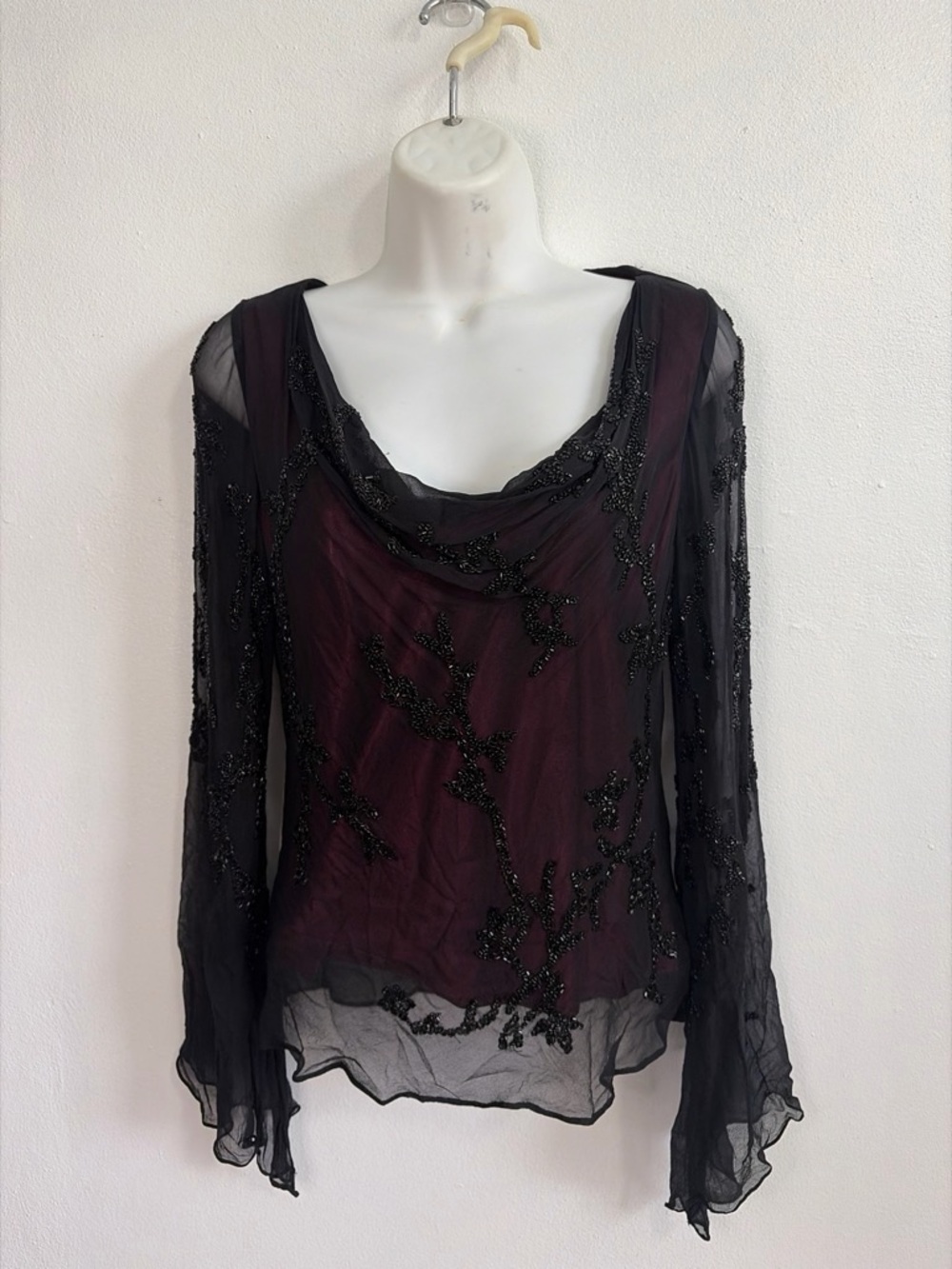 Scala Silk Beaded Bell Sleeve Blouse Cowl Neck Top SOLD - Picture 2 of 7